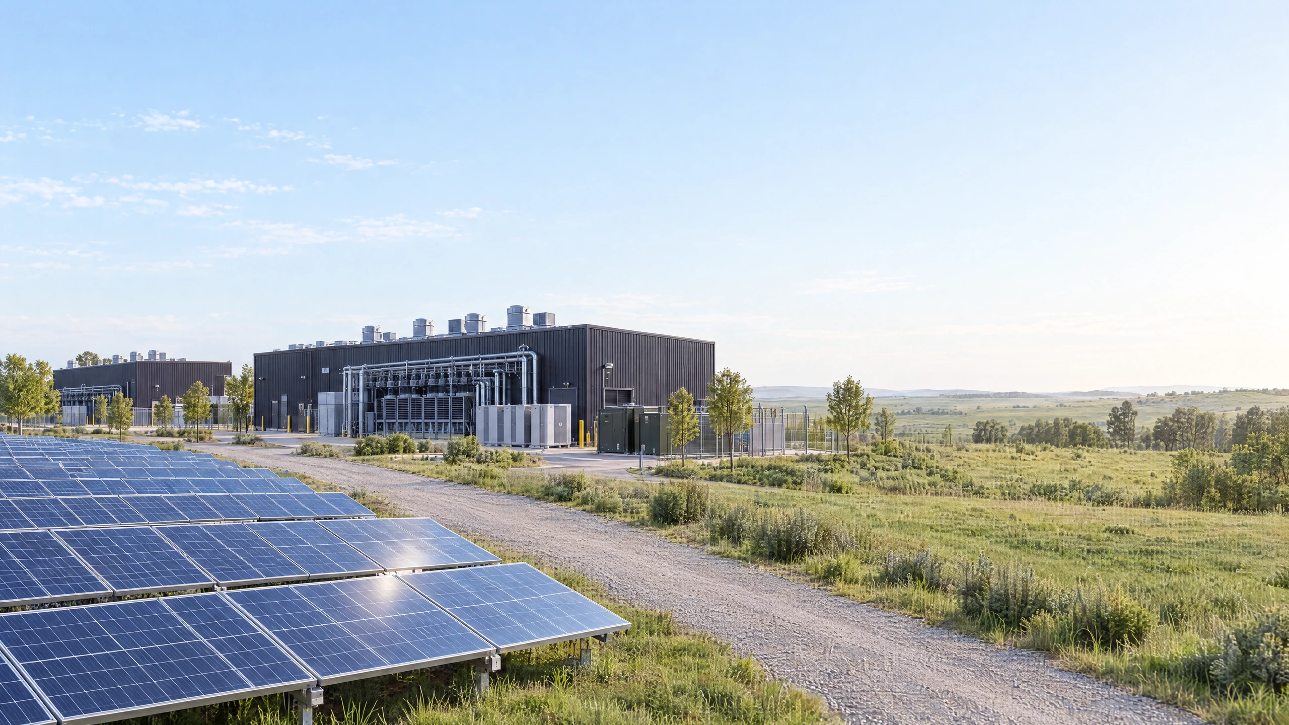 Solar panels beside a mining building.