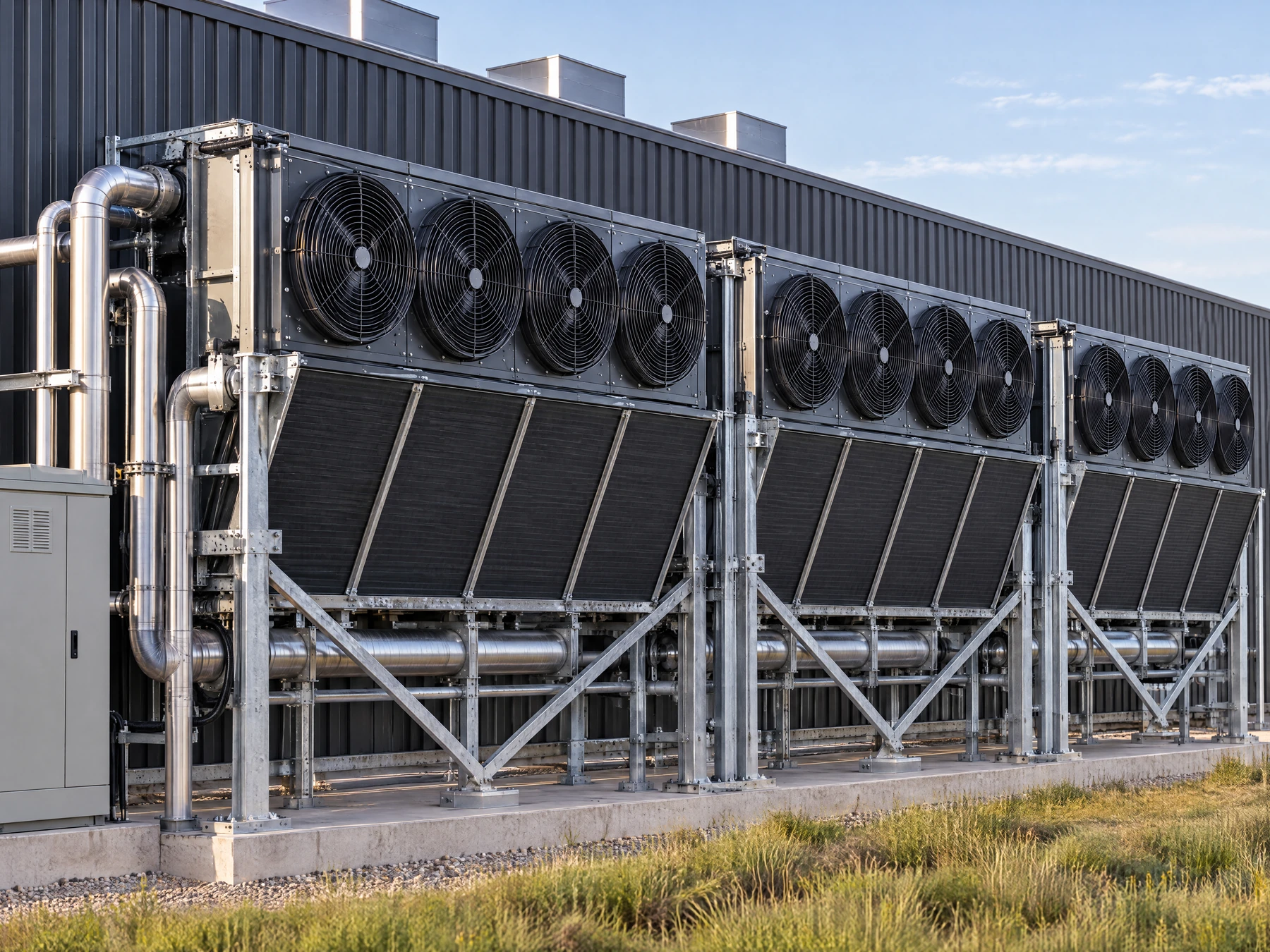 Illustration: Cooling engineering: oblique close view of the campus cooling bank.