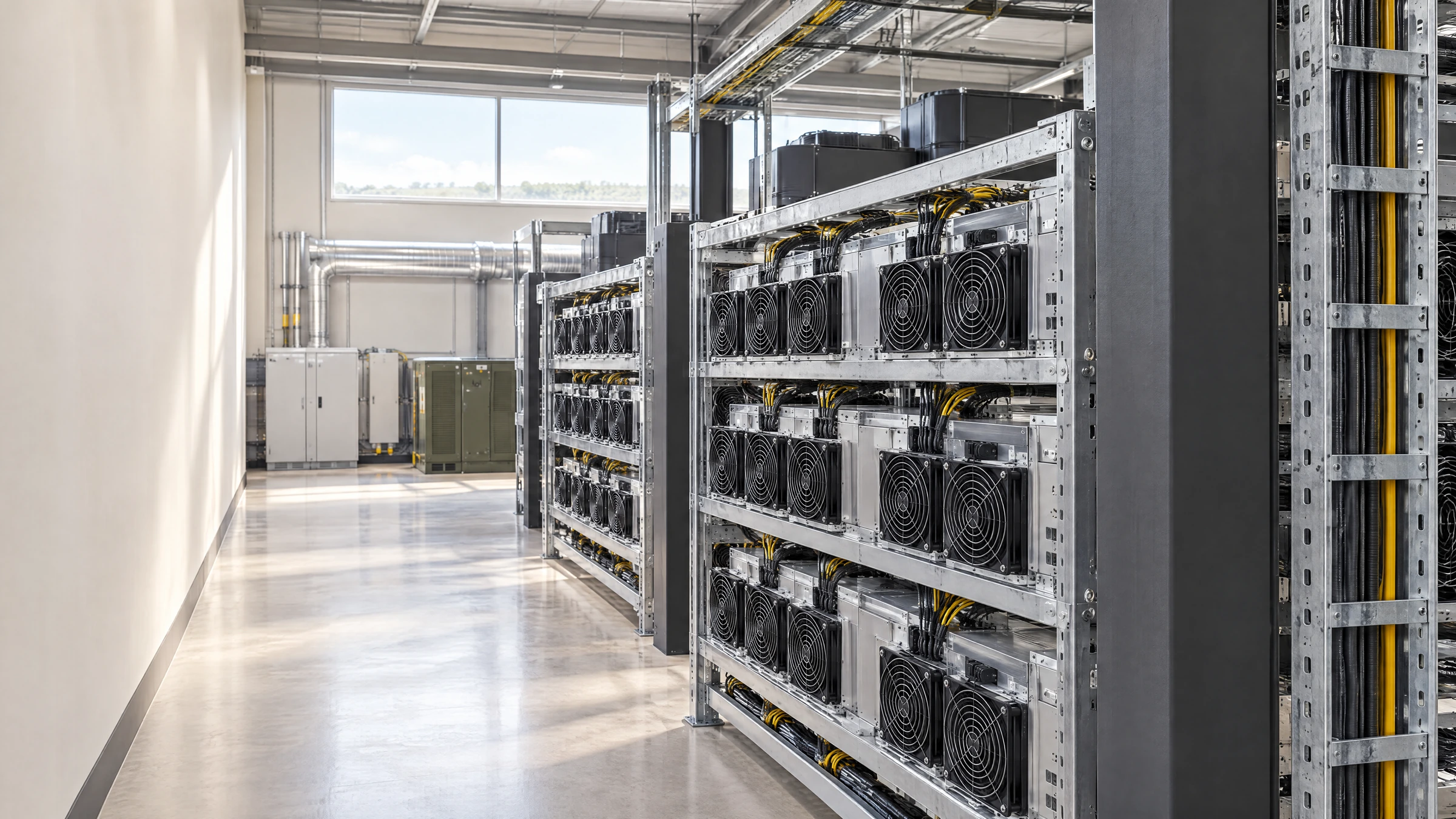 Illustration: Inside the operation: side-on mining equipment and the architecture of an ordered service aisle.
