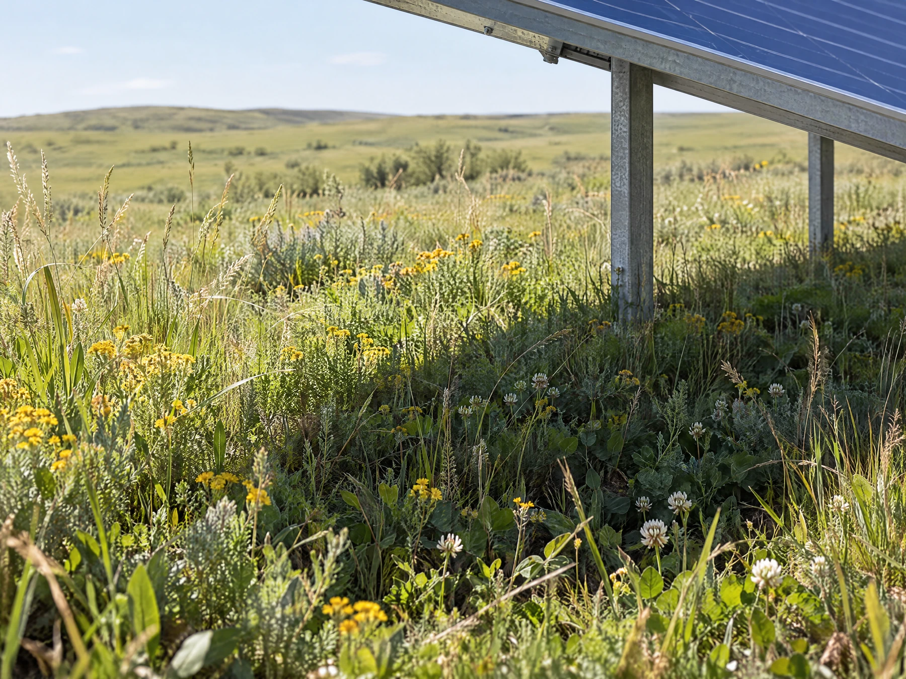 Illustration: Land and energy: a quiet ground-level view beneath solar structures.