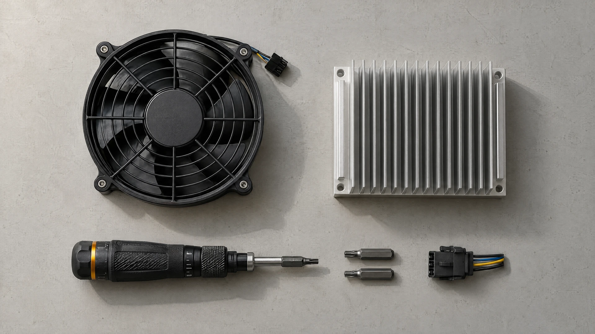 Illustration: Maintenance craft: ordered mining components and tools on a work surface.