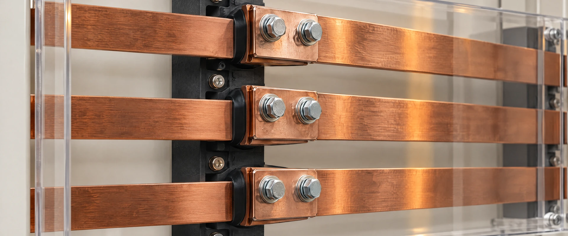 Illustration: Power workmanship: copper busbars behind a transparent protective cover.