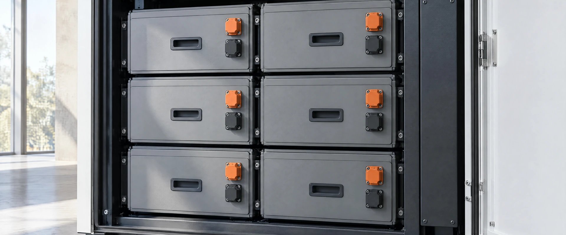 Illustration: Stored energy made tangible: protected modular battery drawers.