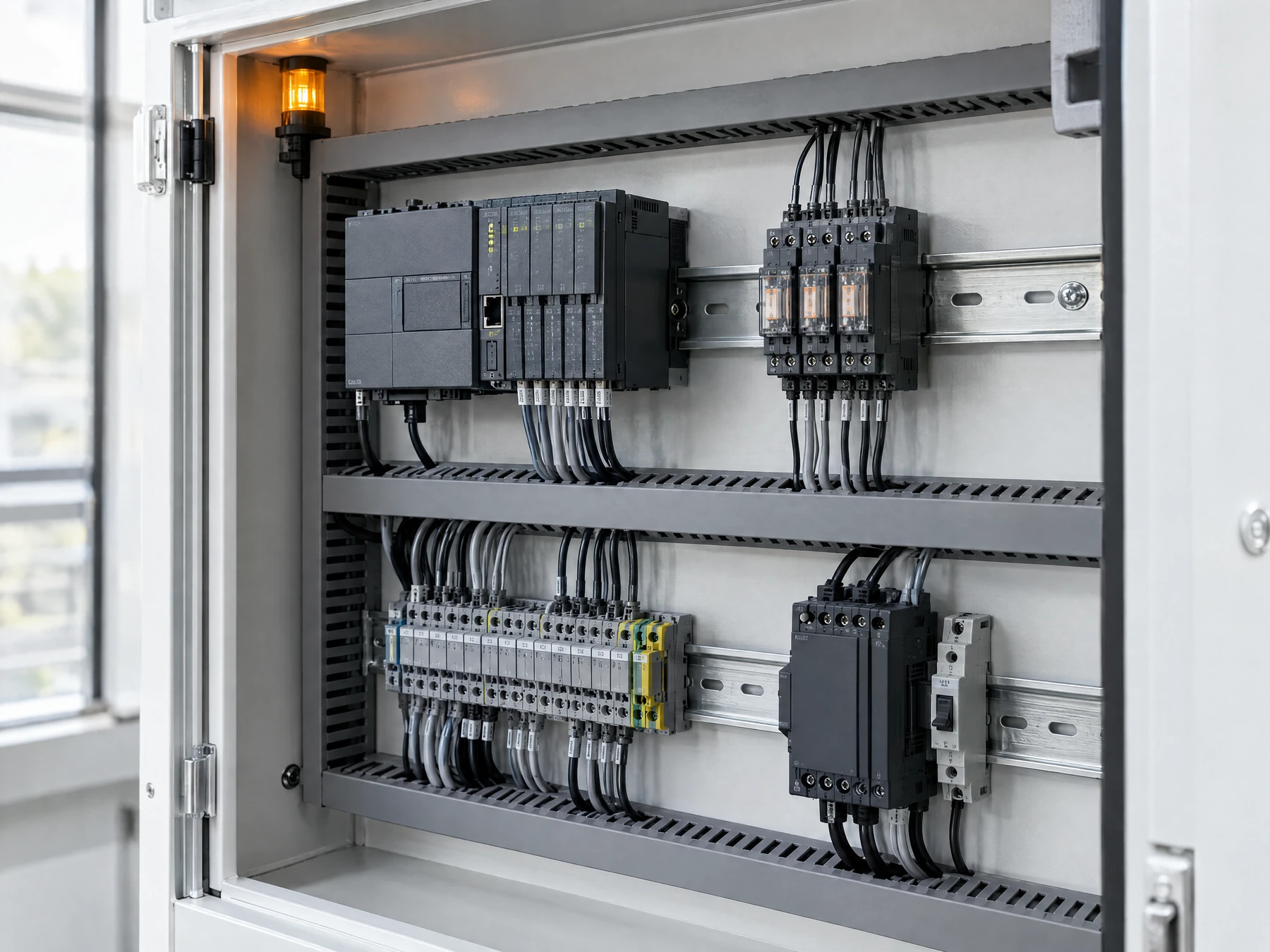 Illustration: Management as real equipment: controllers, relays and organized connections.
