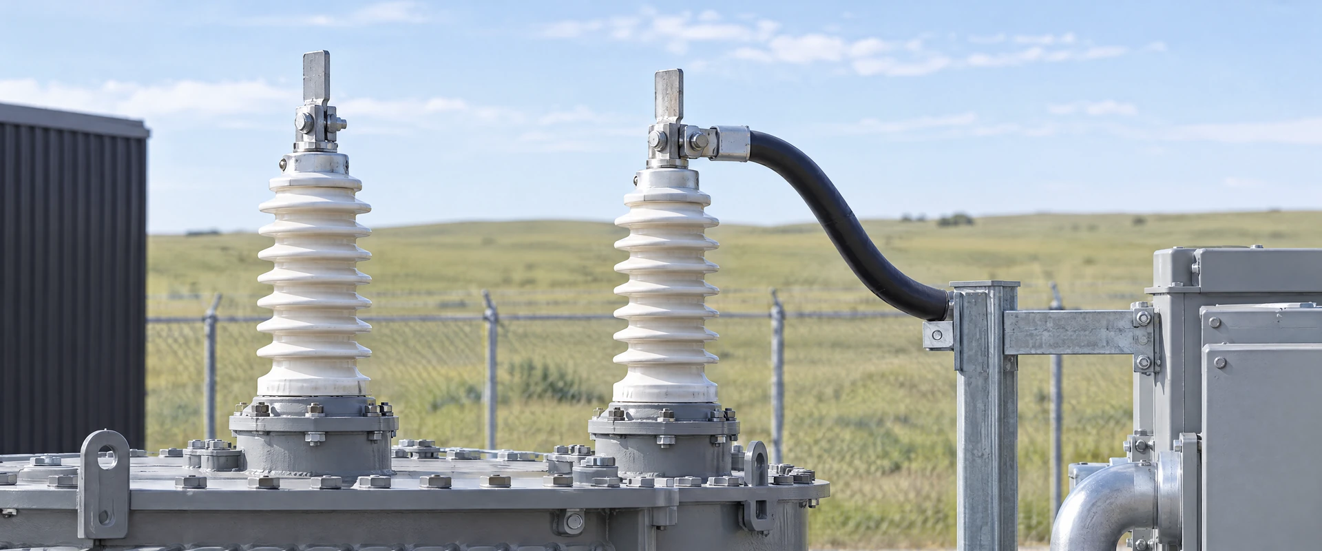 Illustration: The grid connection: transformer insulators and grounded infrastructure.
