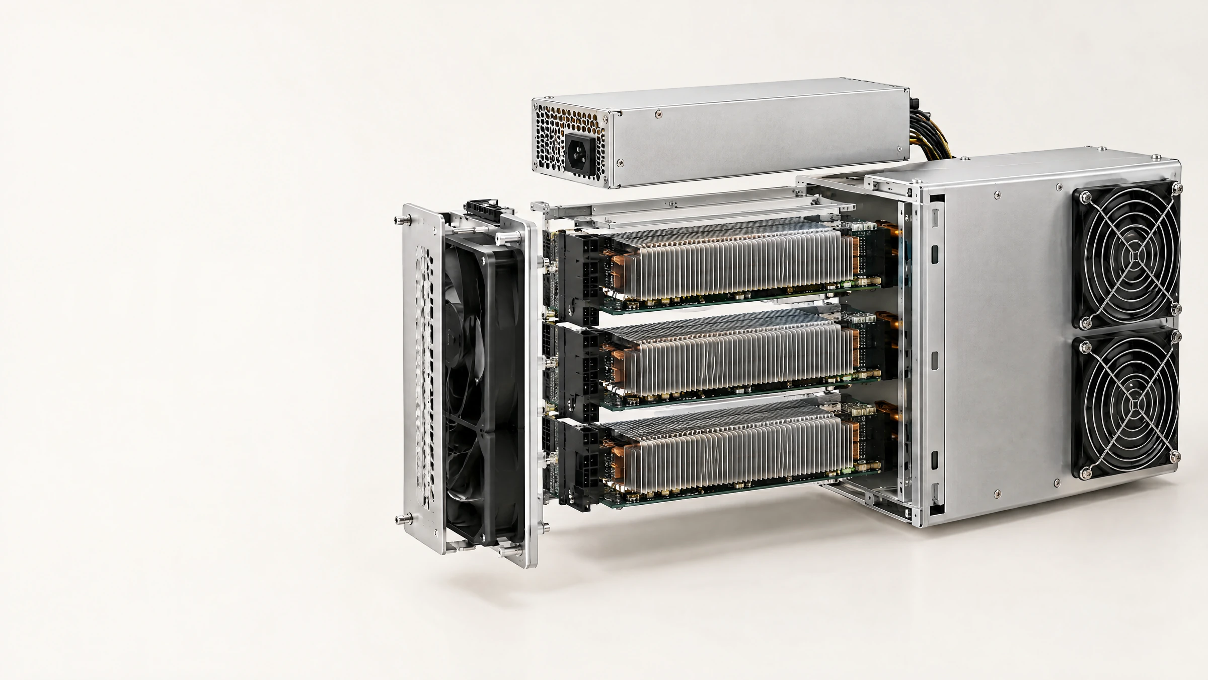 Illustration: The mechanism revealed: a precise exploded assembly of a mining computer.