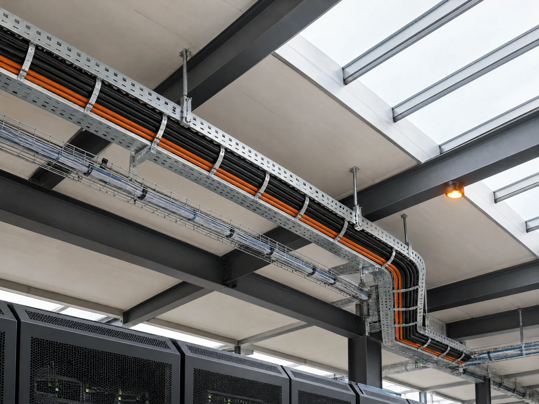 Illustration: The infrastructure behind a contract: power and network routes overhead.